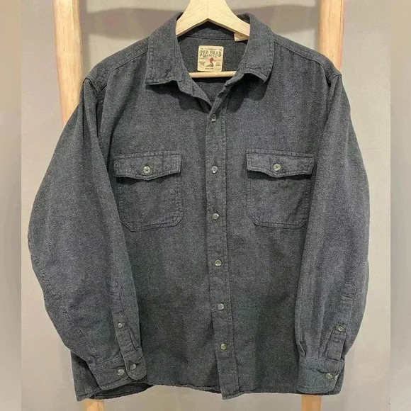 RedHead Flannel Shirt Mens Large Heather Gray Long Sleeve Button 100% Cotton - Picture 1 of 9